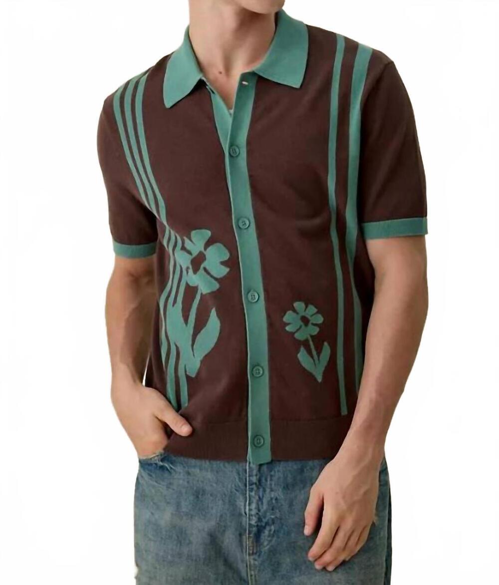 NEW WAX LONDON tellaro short sleeve shirt in brown/sage